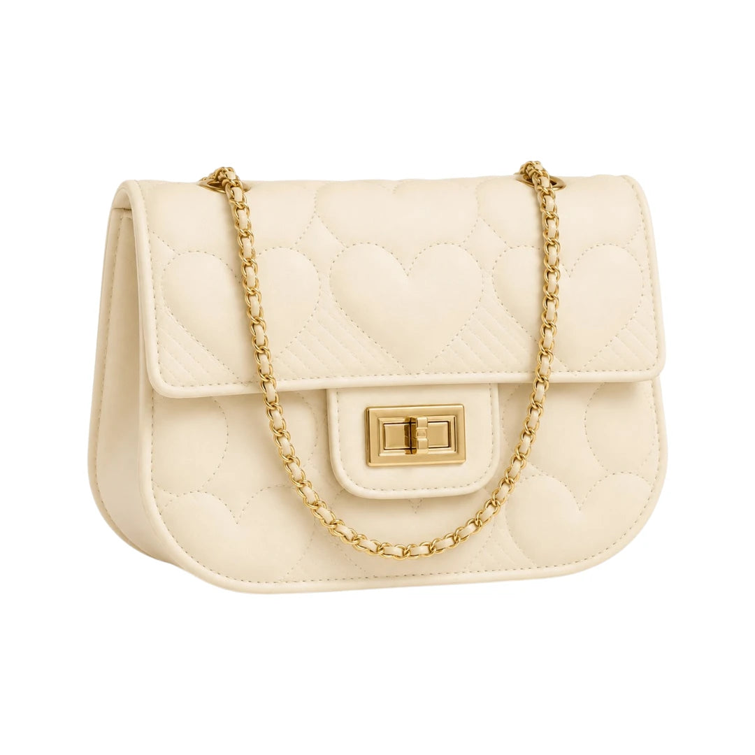 Cornio Cream Heart Quilt Charm Crossbody Bag