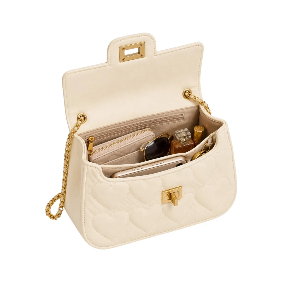 Cornio Cream Heart Quilt Charm Crossbody Bag